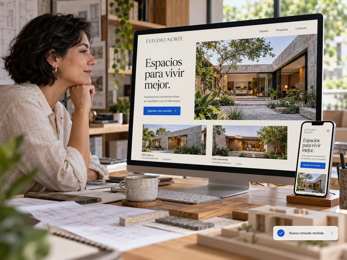 Sitio web de un estudio de arquitectura en un monitor y un celular